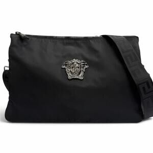 VERSACE Leather Medusa Greca 2-Way Shoulder Bag/Clutch Bag, Black, Made in It...